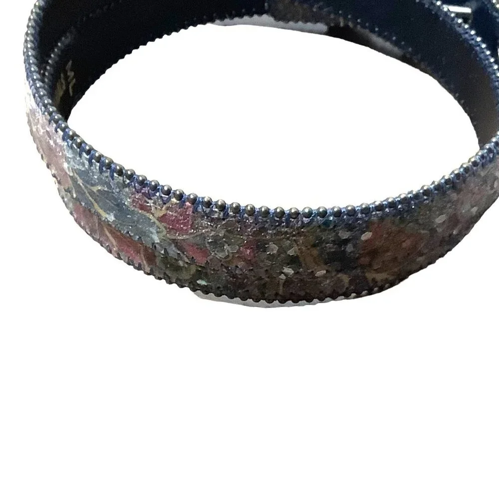 Vtg Floral‎ Tapestry Beaded Edge Belt Medium Large 80s Flower Faux Vegan Leather